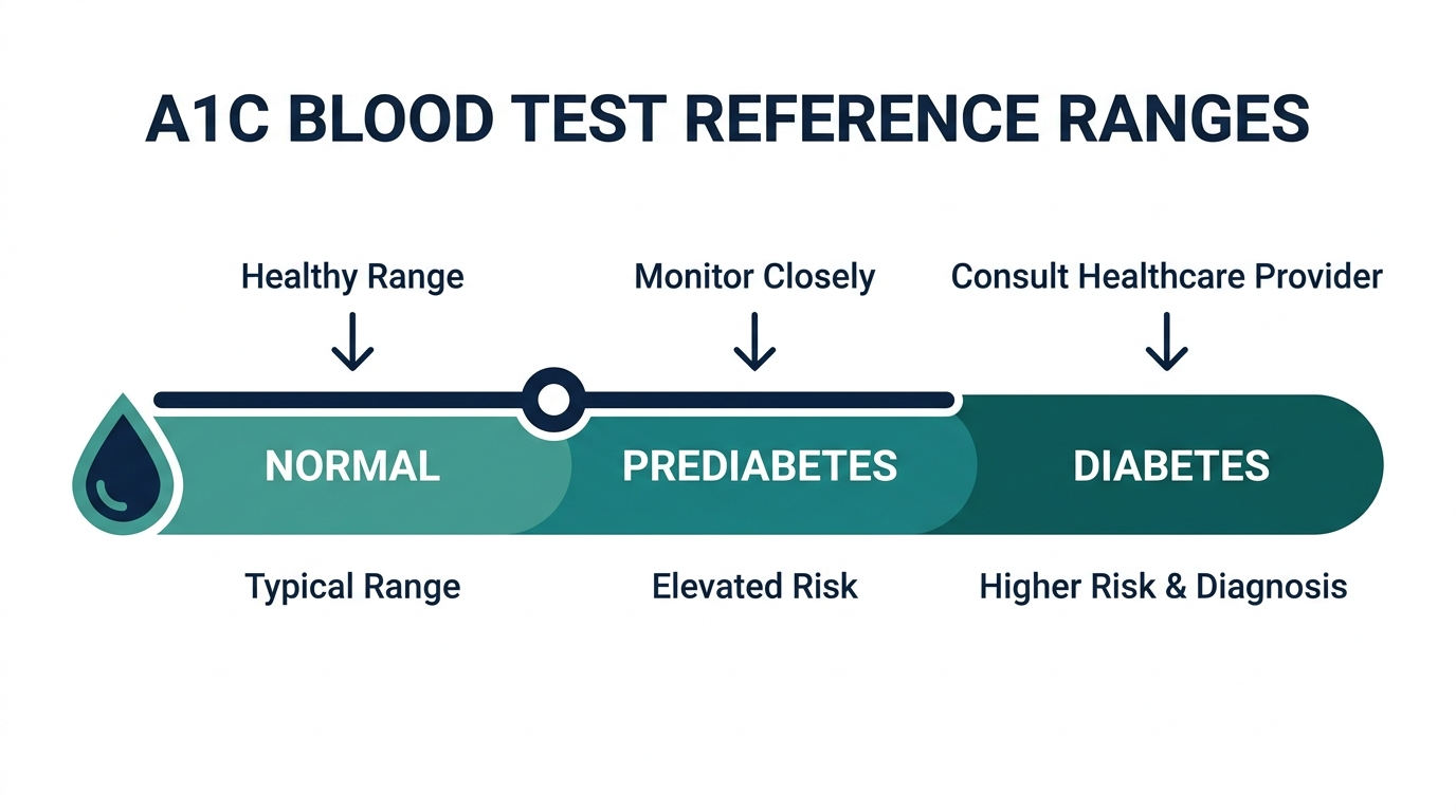 Schematic chart showing normal, prediabetes, and diabetes category bands for A1C blood test results