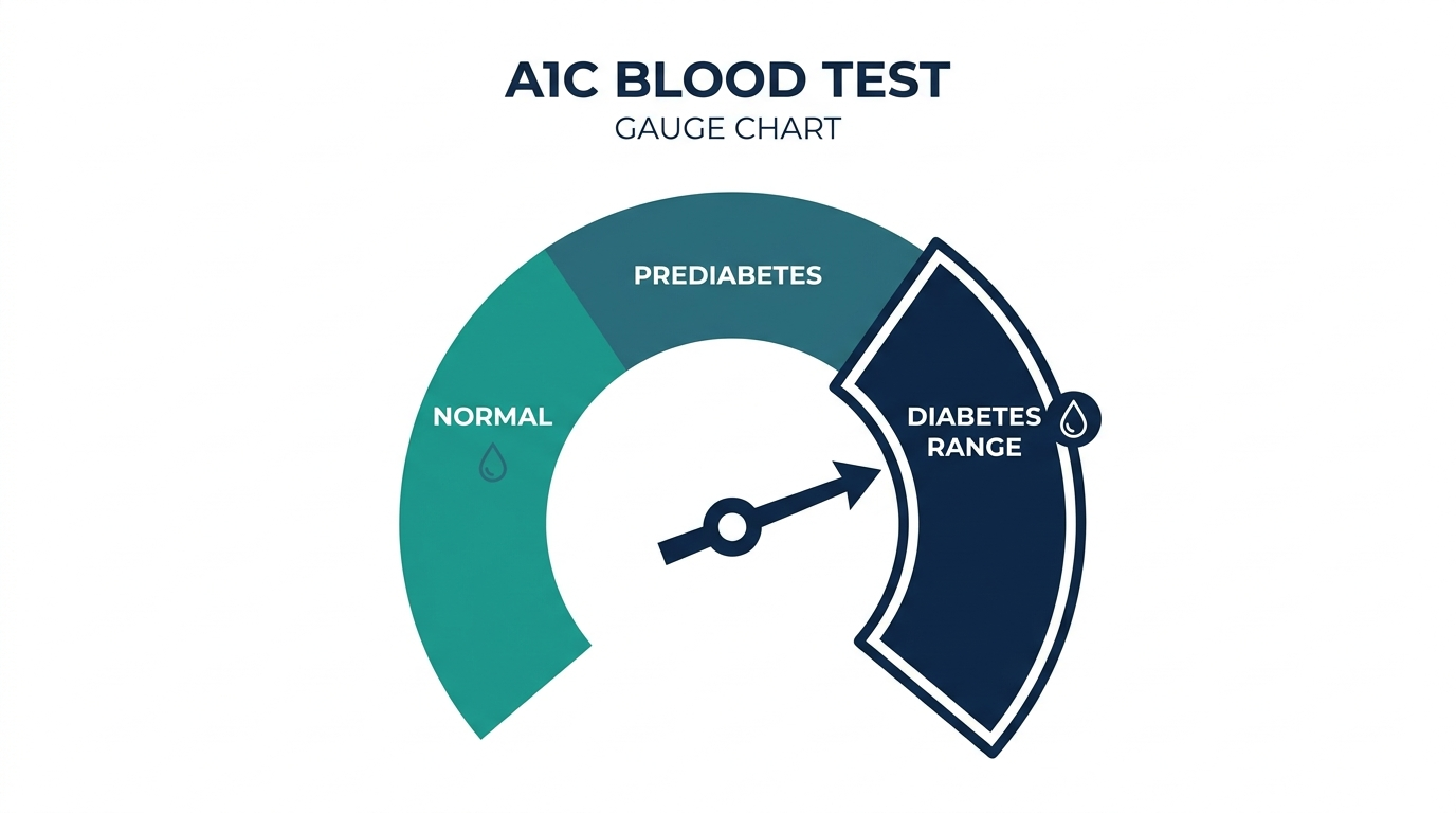 Circular gauge chart showing normal, prediabetes, and diabetes zones for A1C with a needle pointing into the high range