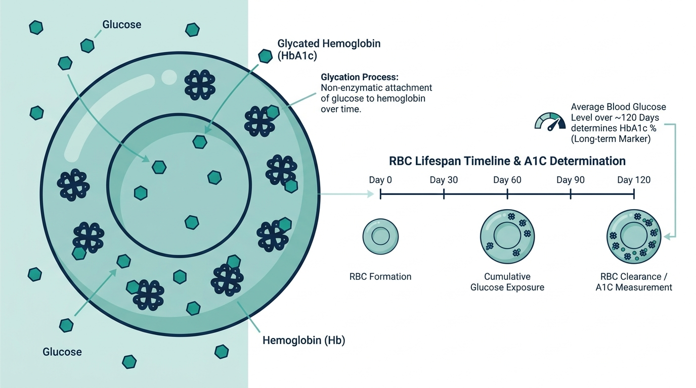Diagram of glucose molecules binding to hemoglobin in a red blood cell to form glycated hemoglobin (A1C) over the 120-day cell lifespan