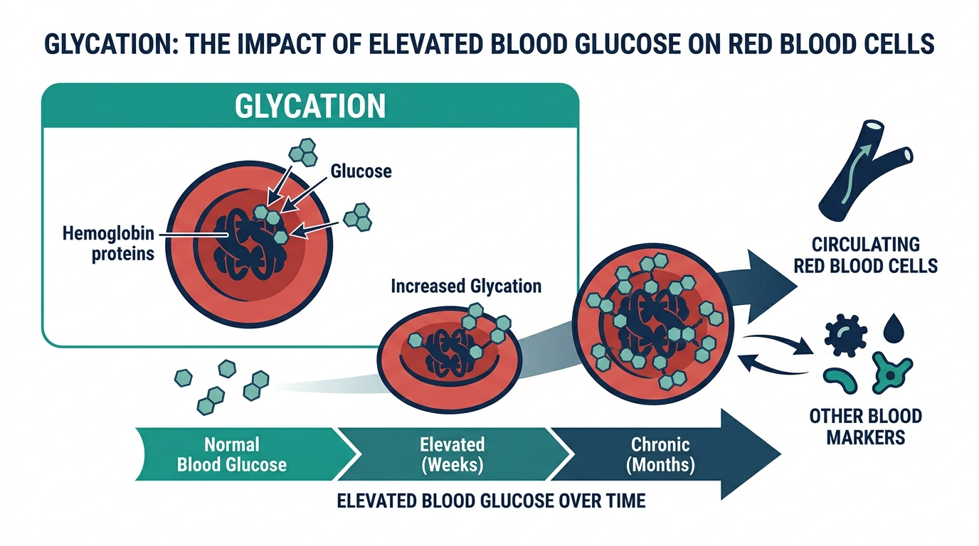 Diagram of glucose binding to hemoglobin inside a red blood cell, a process called glycation