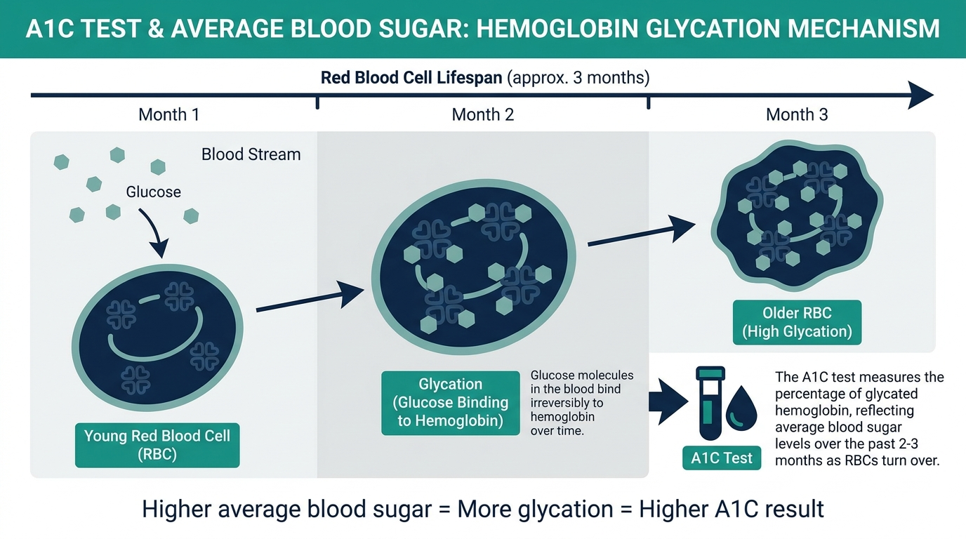 Diagram showing glucose binding to hemoglobin inside a red blood cell over its roughly 3-month lifespan, illustrating how A1C reflects average blood sugar