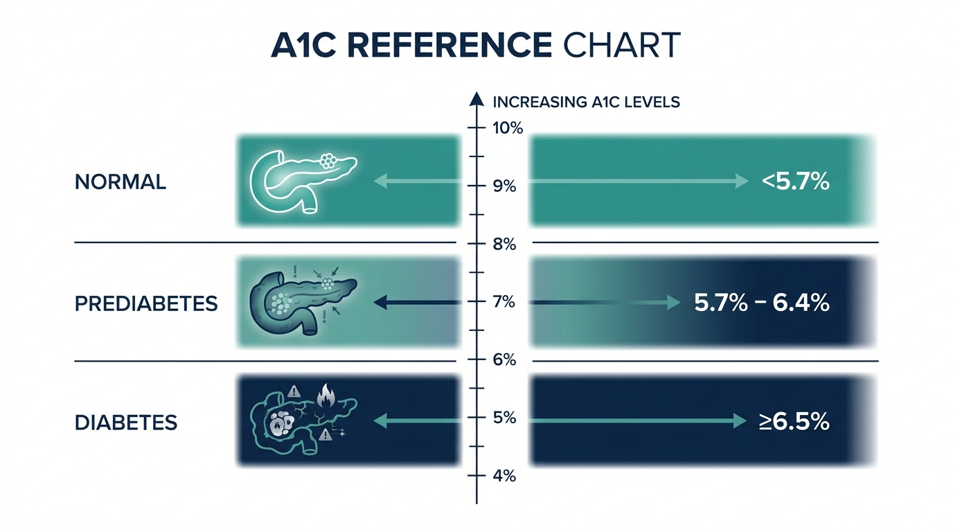 Schematic A1C reference chart showing normal, prediabetes, and diabetes range bands