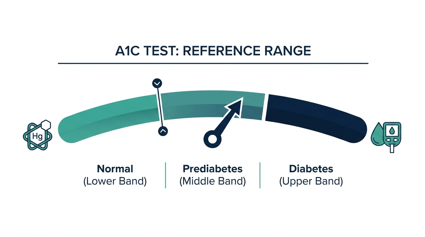 Gauge-style chart showing the A1C reference range bands: Normal, Prediabetes, and Diabetes