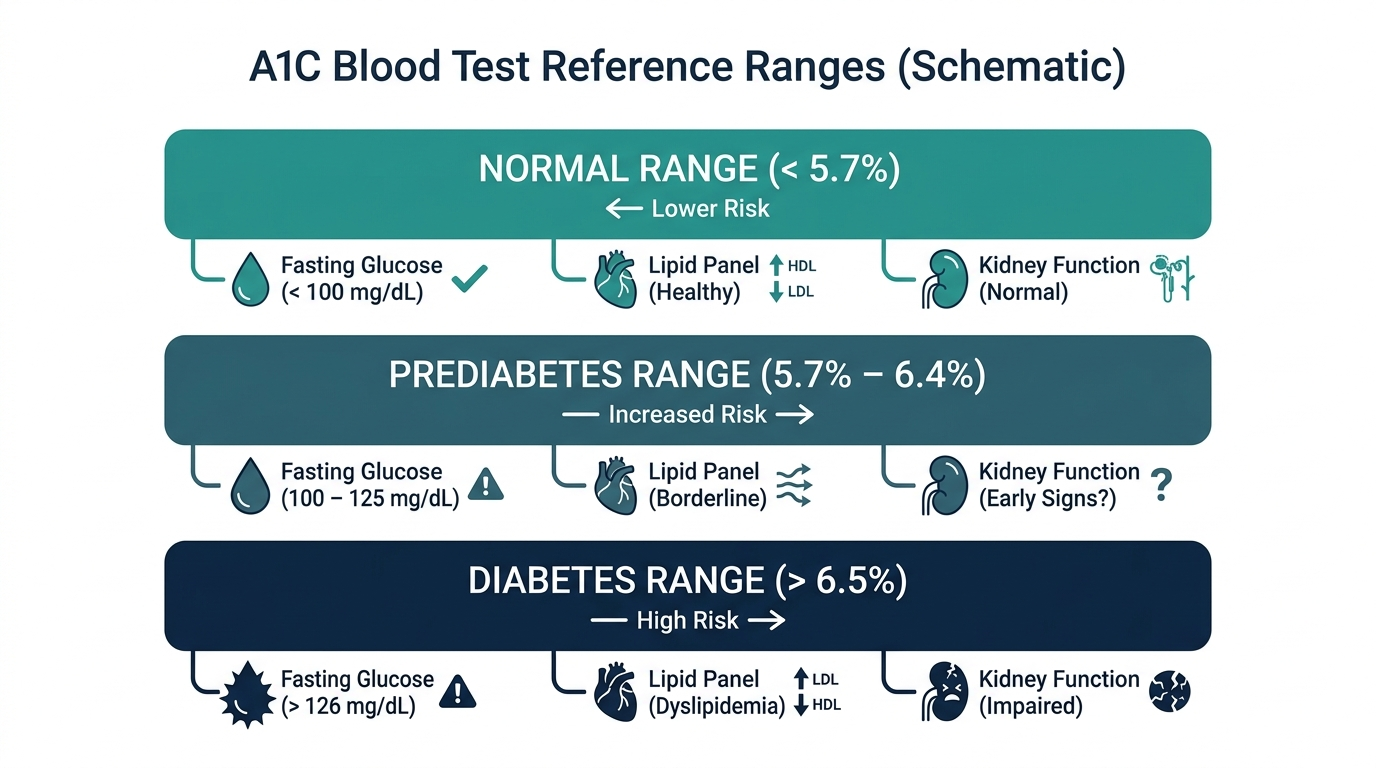 Schematic chart of A1C reference ranges for normal, prediabetes, and diabetes with related affected blood tests