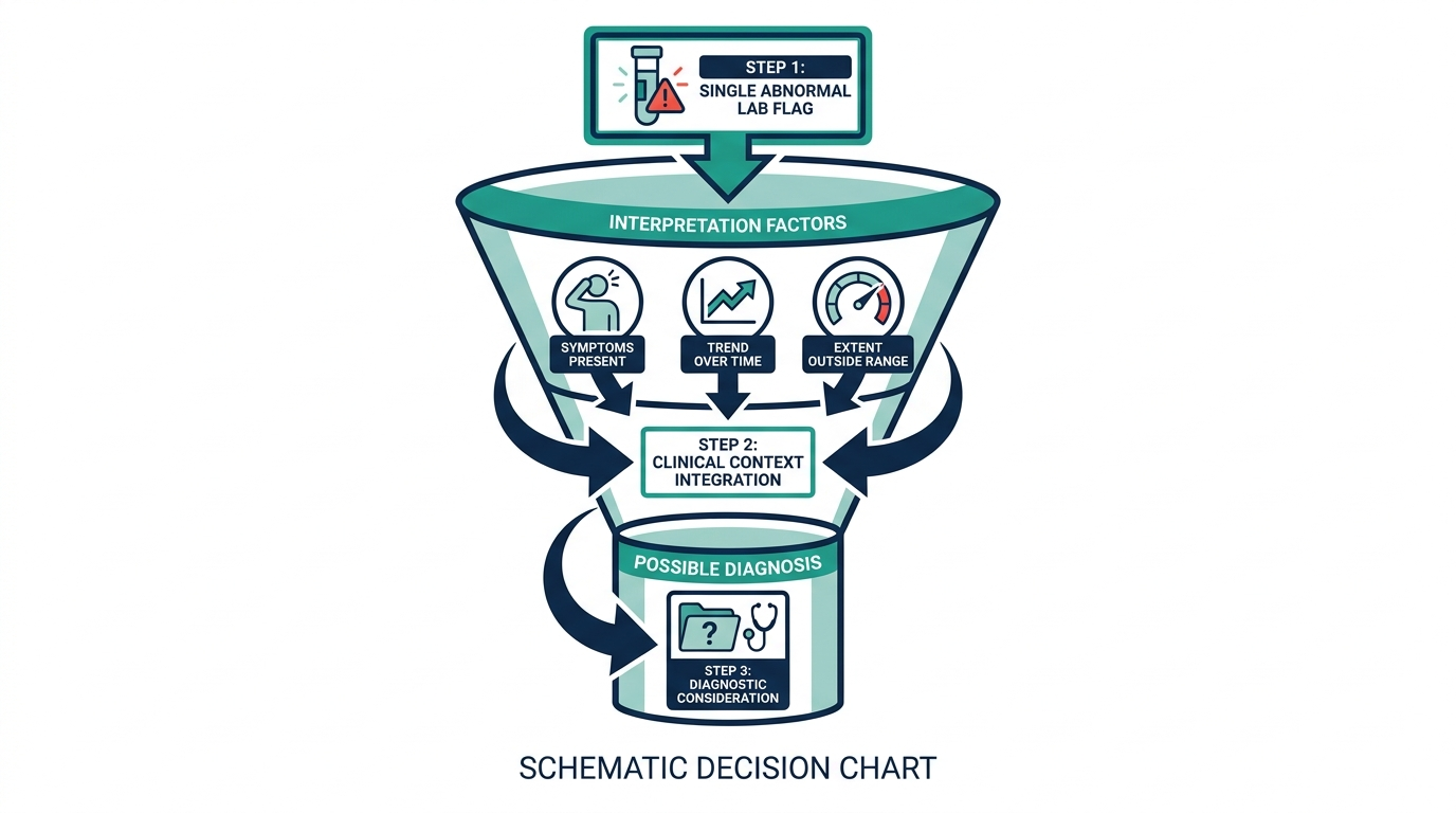 Three-step funnel chart showing how an abnormal flag is weighed against symptoms and trend before becoming a diagnosis