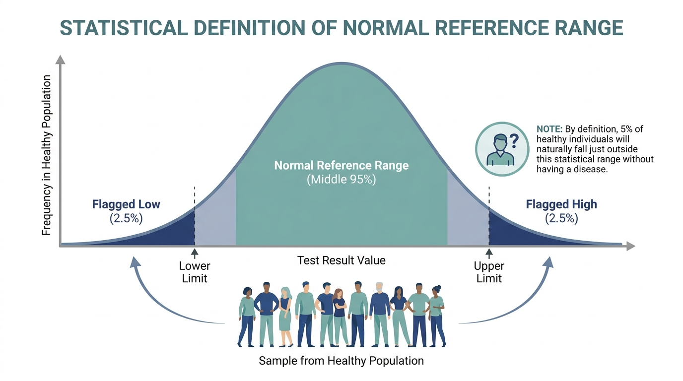 Bell curve diagram showing how the normal reference range covers the middle 95 percent of a healthy population
