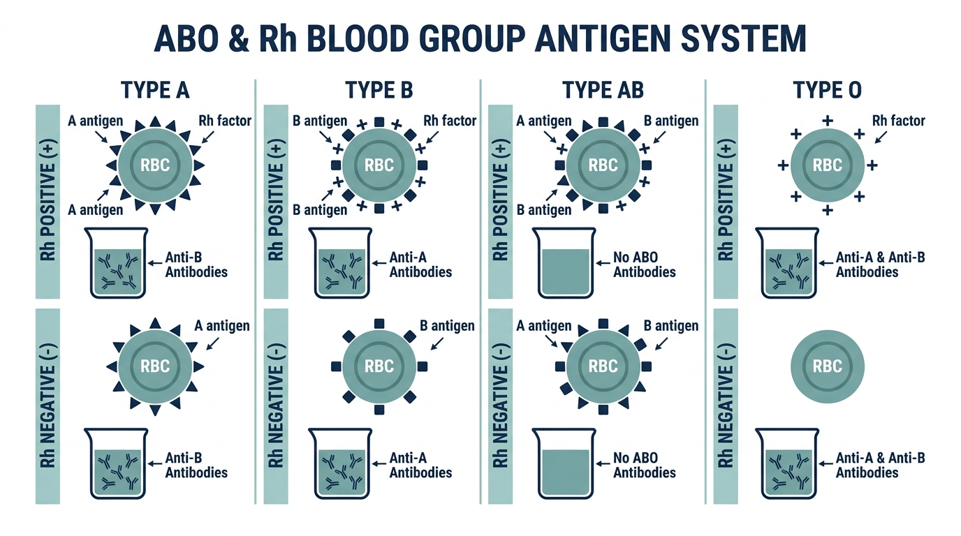 Diagram of the ABO and Rh blood group antigen system on red blood cells