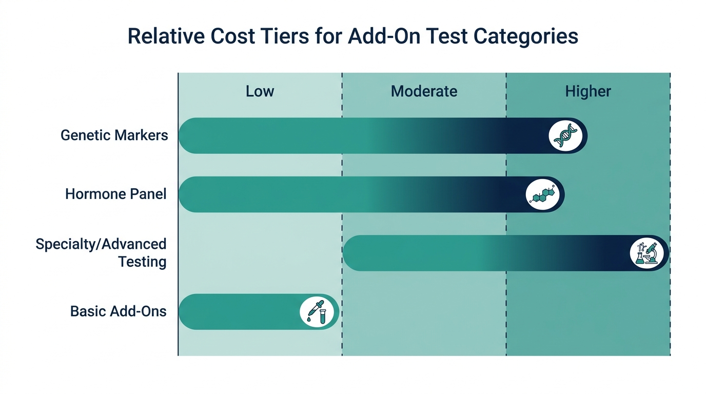 Chart comparing relative cost tiers across genetic, hormone, specialty, and basic add-on test categories