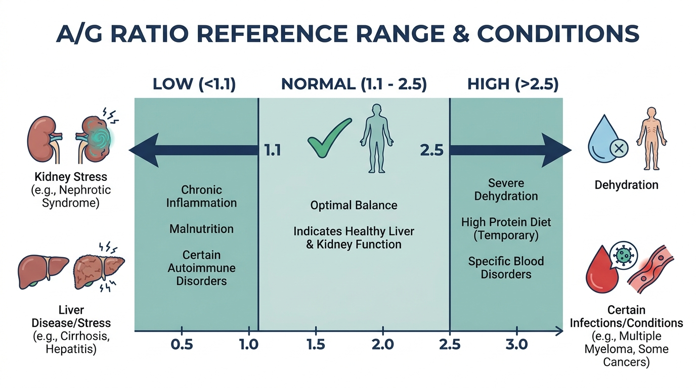 Reference range chart showing low, normal, and high A/G ratio bands with associated health conditions