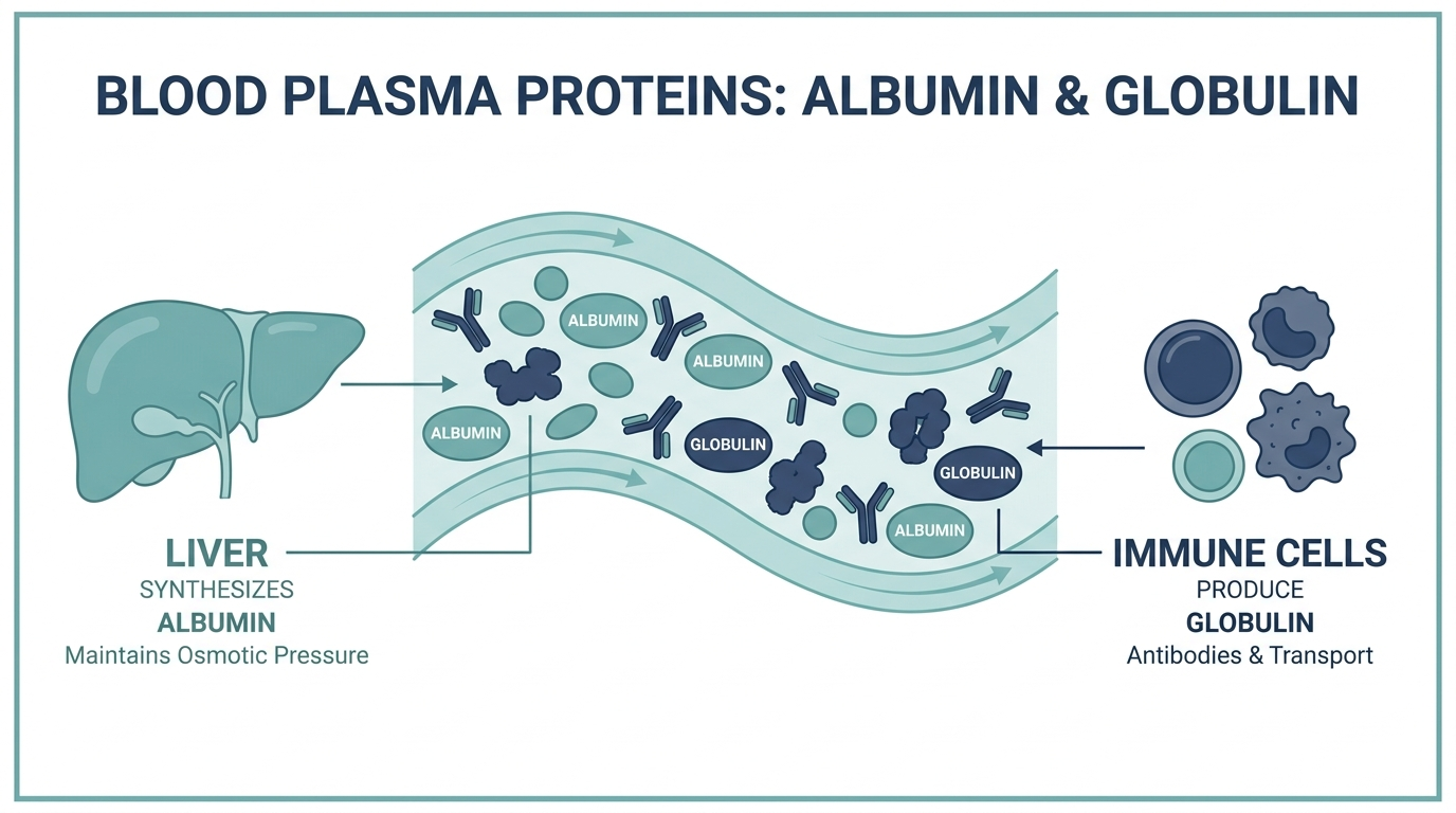 Diagram of blood plasma proteins albumin and globulin, showing liver and immune cell origins