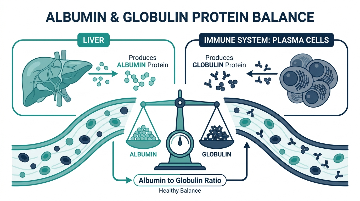 Diagram comparing the liver producing albumin and immune plasma cells producing globulin, balanced on a scale representing the A/G ratio