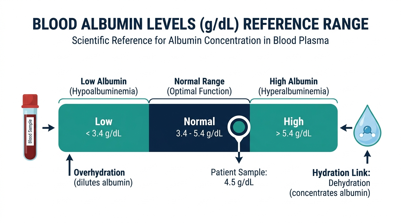 Reference range chart showing low, normal, and high blood albumin levels