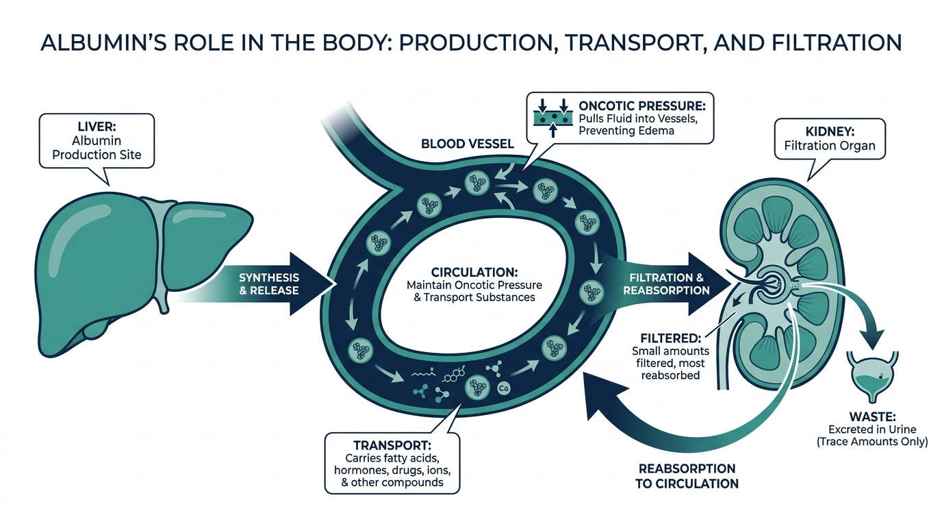 Diagram of albumin produced by the liver, circulating in blood vessels, and filtered by the kidneys