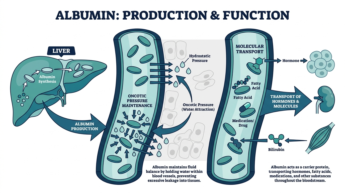 Diagram of albumin production by the liver and its role in blood fluid balance and transport