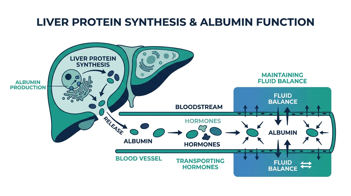 Diagram of the liver producing albumin and its role in fluid balance in the bloodstream