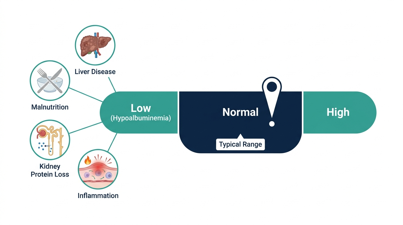 Reference range chart showing low, normal, and high blood albumin bands with common causes