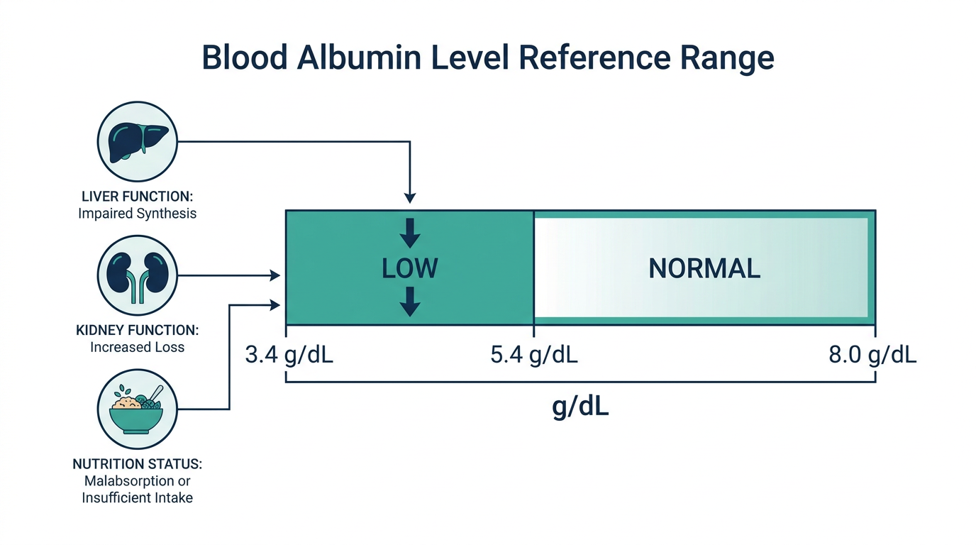 Schematic reference range chart for blood albumin linking low levels to liver, kidney, and nutrition status