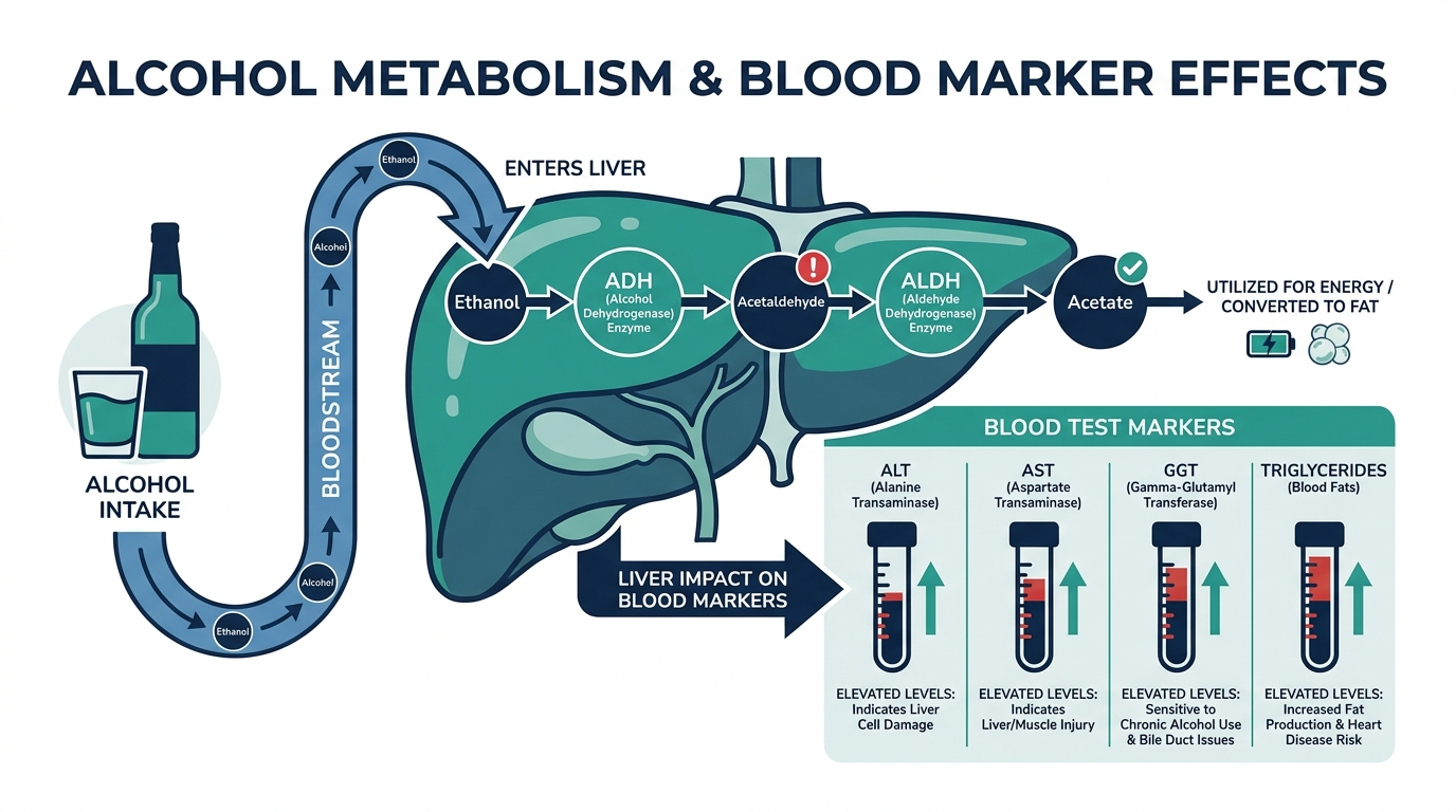 Diagram of alcohol metabolism in the liver and its effect on liver enzyme and triglyceride blood markers