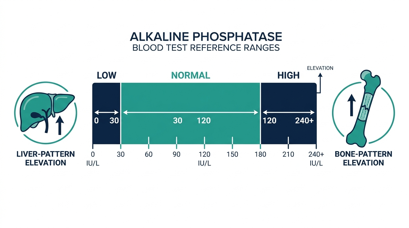 Schematic reference range chart for alkaline phosphatase comparing liver-pattern versus bone-pattern elevation