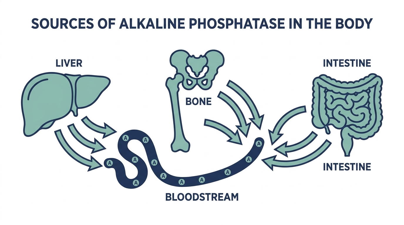 Diagram of tissue sources of alkaline phosphatase including liver, bone, and intestine releasing enzyme into bloodstream