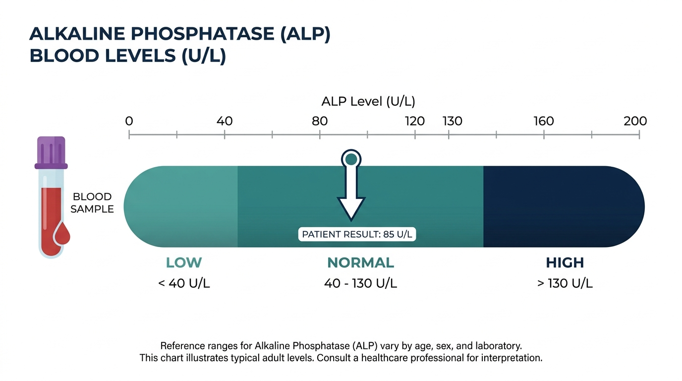 Reference range chart showing low, normal, and high alkaline phosphatase levels
