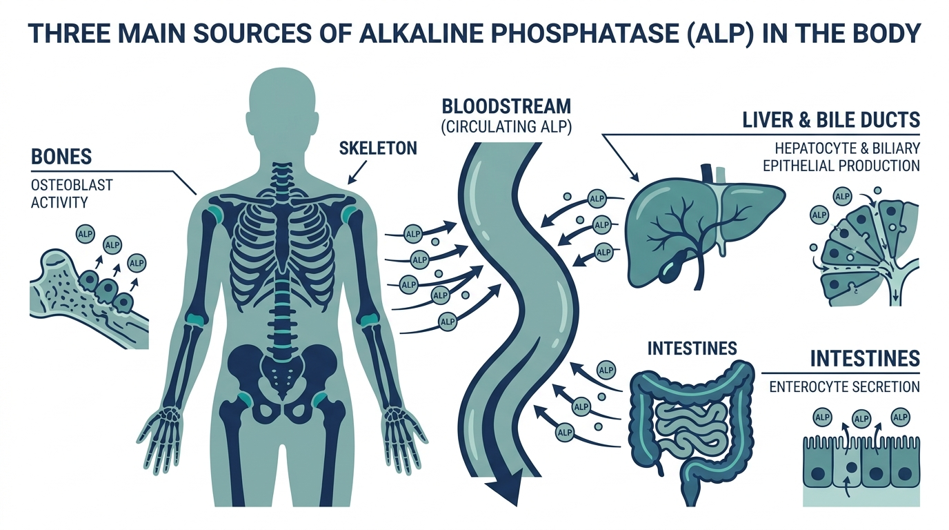 Diagram showing the three body sources of alkaline phosphatase: liver, bile ducts, and bone