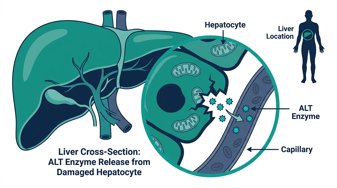 Diagram of a liver hepatocyte releasing ALT enzyme through a damaged cell membrane into a capillary