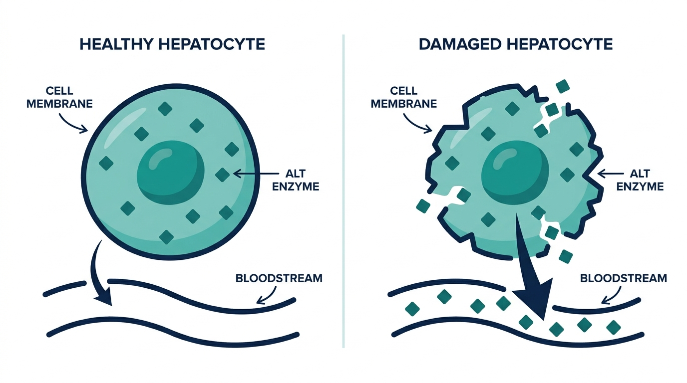 Diagram comparing a healthy liver hepatocyte keeping ALT enzyme inside versus a damaged hepatocyte leaking ALT into the bloodstream