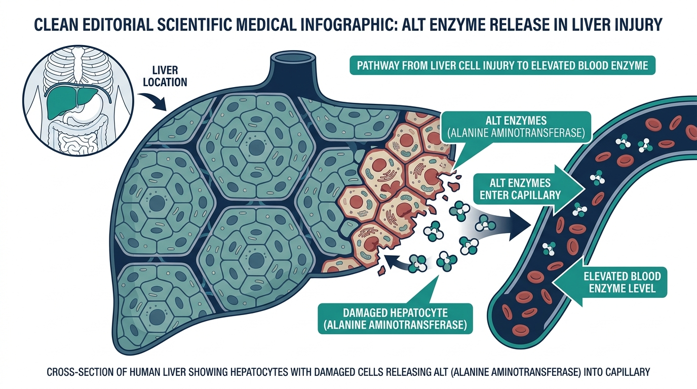 Diagram of liver hepatocytes releasing ALT enzyme into a capillary when liver cells are damaged