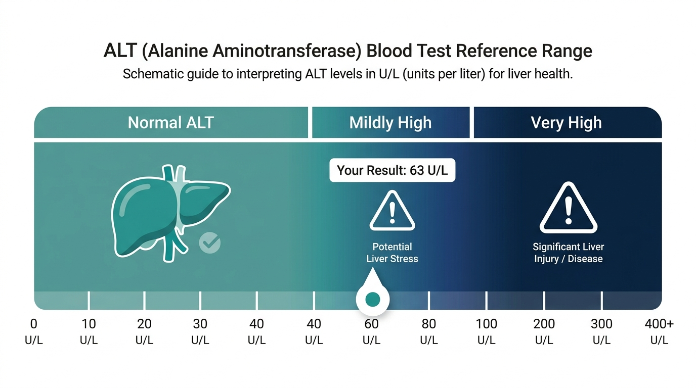 Reference range chart showing normal, mildly high, and very high ALT blood test result bands