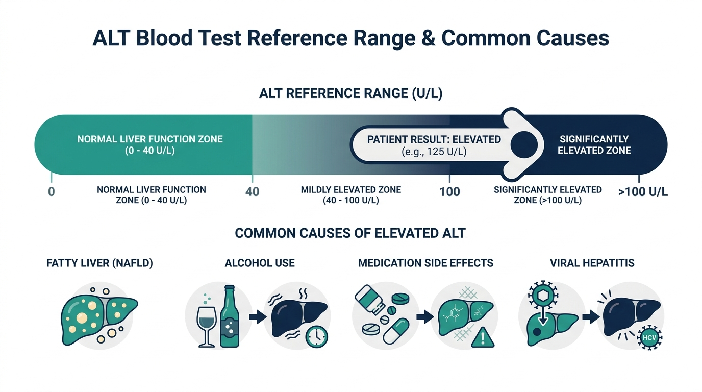 Schematic chart of ALT reference range bands showing normal, mildly elevated, and significantly elevated zones with common causes