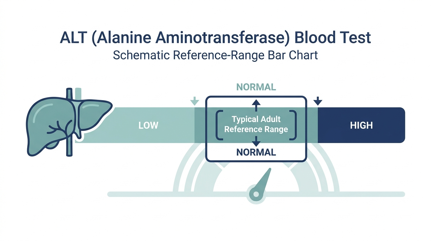 Schematic reference range chart showing low, normal, and high bands for ALT blood test results