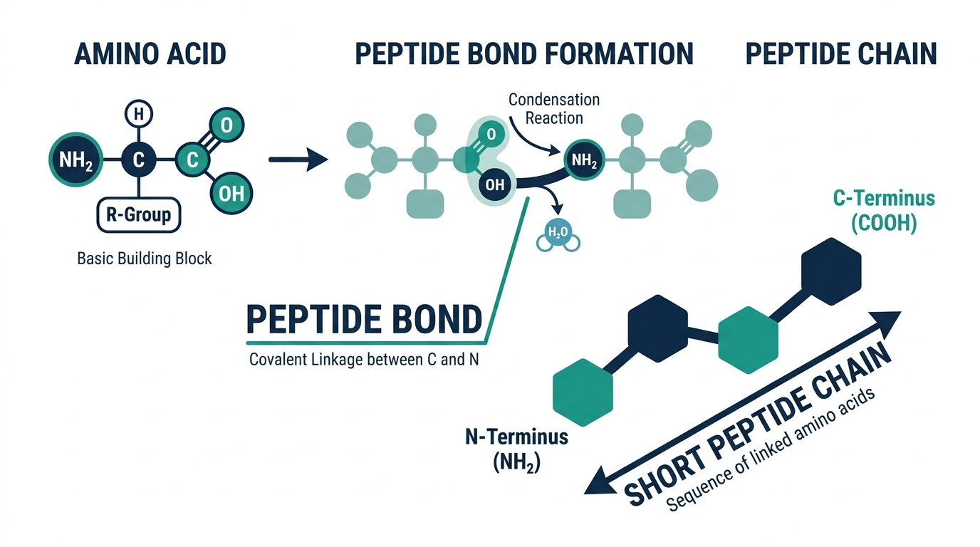 Molecular diagram showing amino acids linking via peptide bonds to form a peptide chain