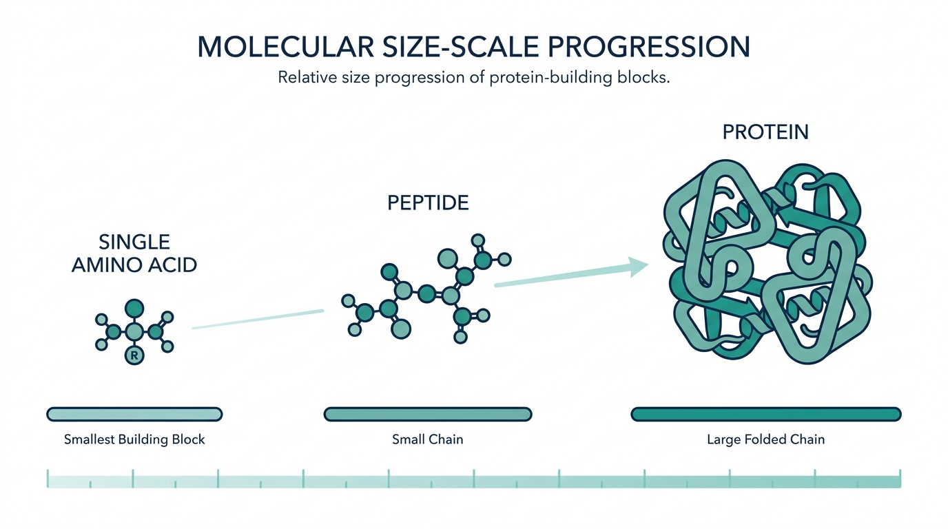 Chart showing the size progression from single amino acid to peptide to protein
