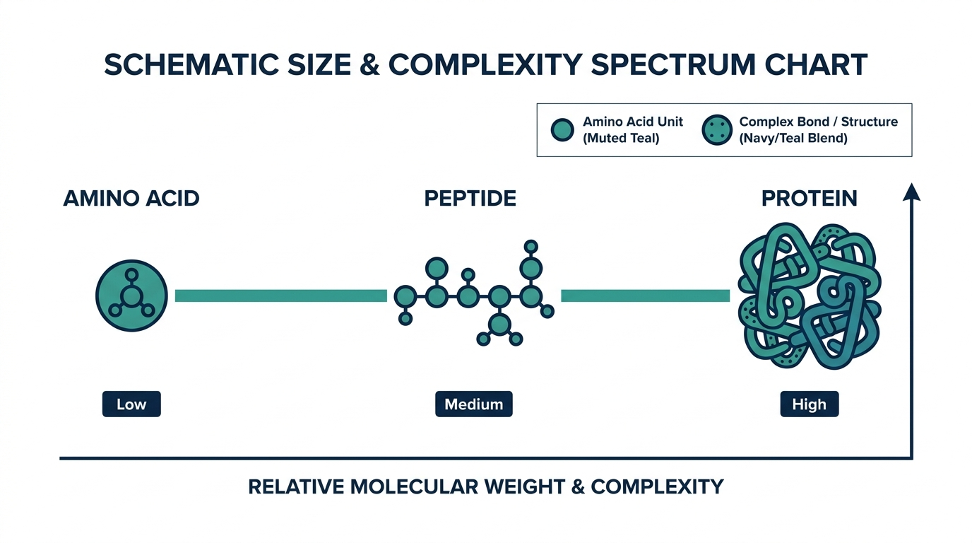 Schematic spectrum chart showing amino acid, peptide, and protein by relative molecular size and complexity
