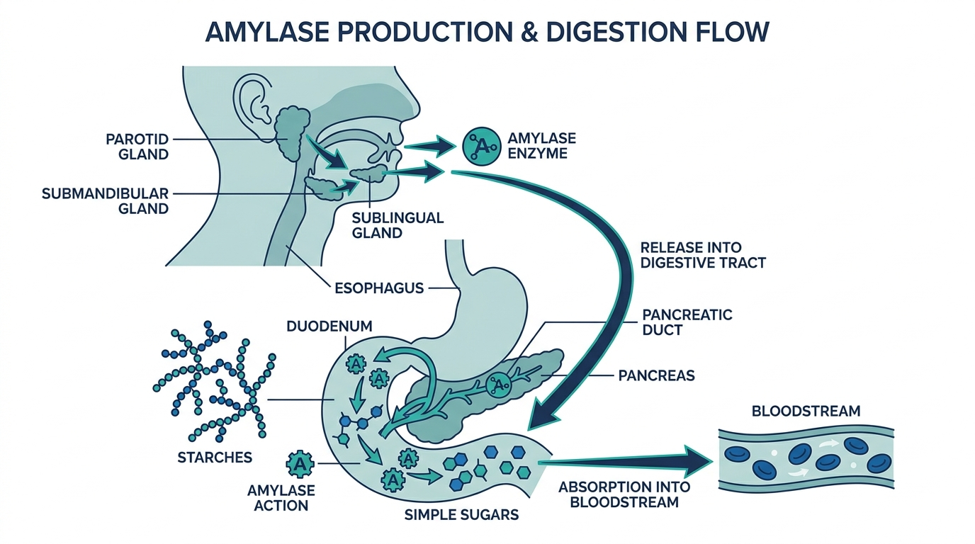 Diagram of the pancreas and salivary glands producing amylase and releasing it into the digestive tract to break down starches