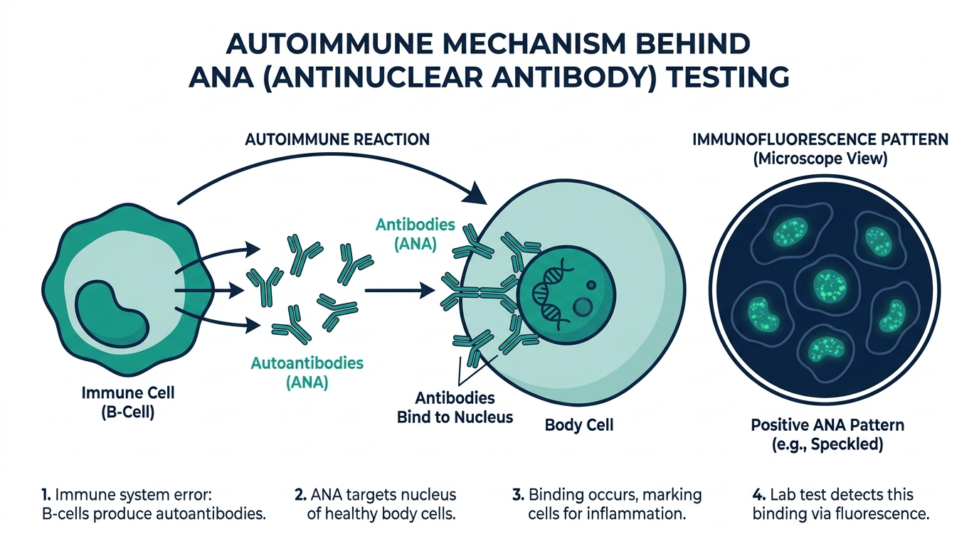 Diagram of the autoimmune mechanism behind ANA testing, showing antibodies binding to a cell nucleus