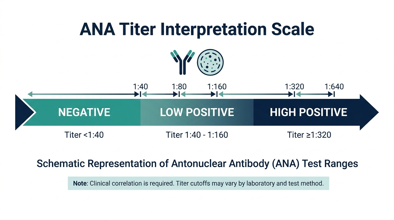 Schematic chart showing negative, low positive, and high positive ANA titer bands