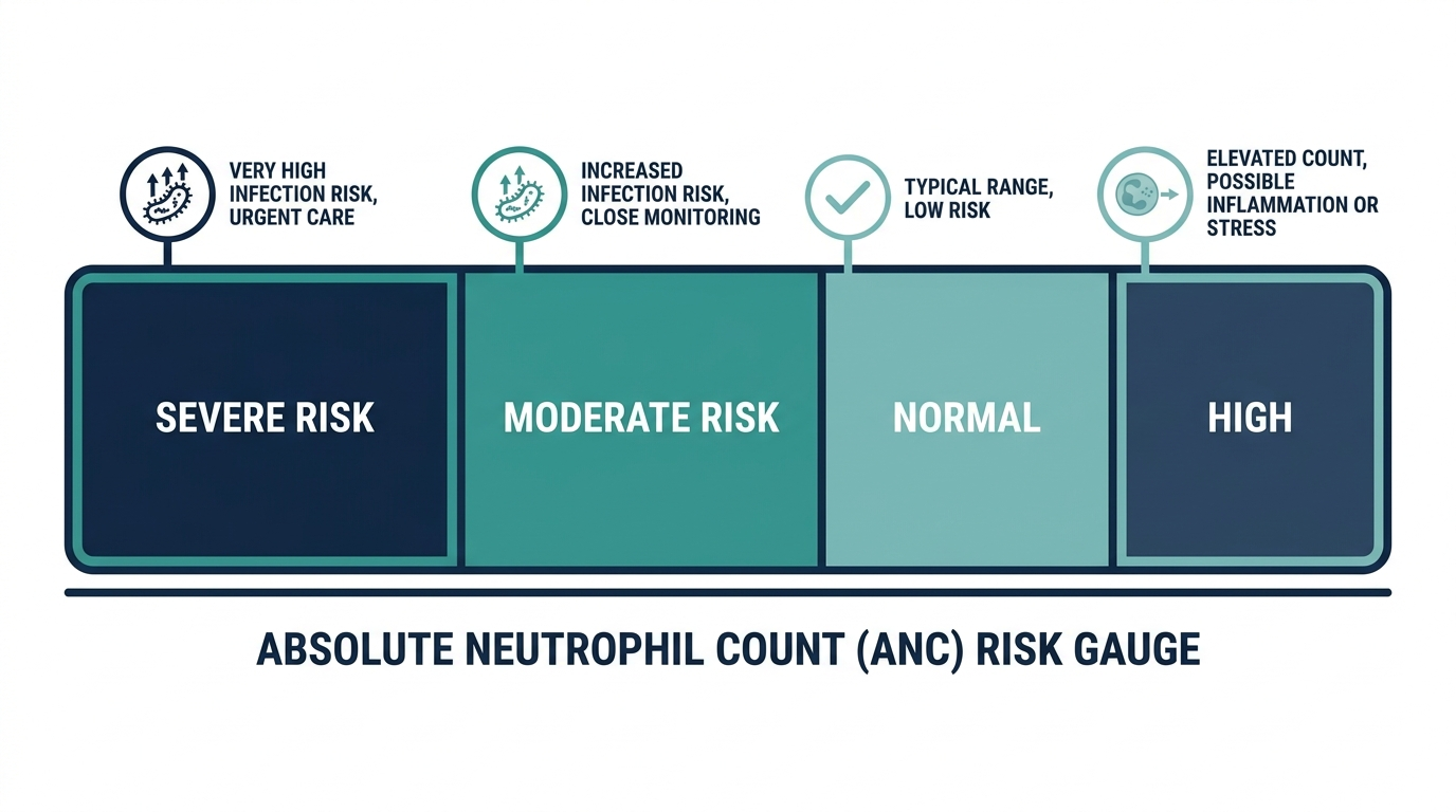 Schematic gauge chart showing absolute neutrophil count across severe risk, moderate risk, normal, and high bands