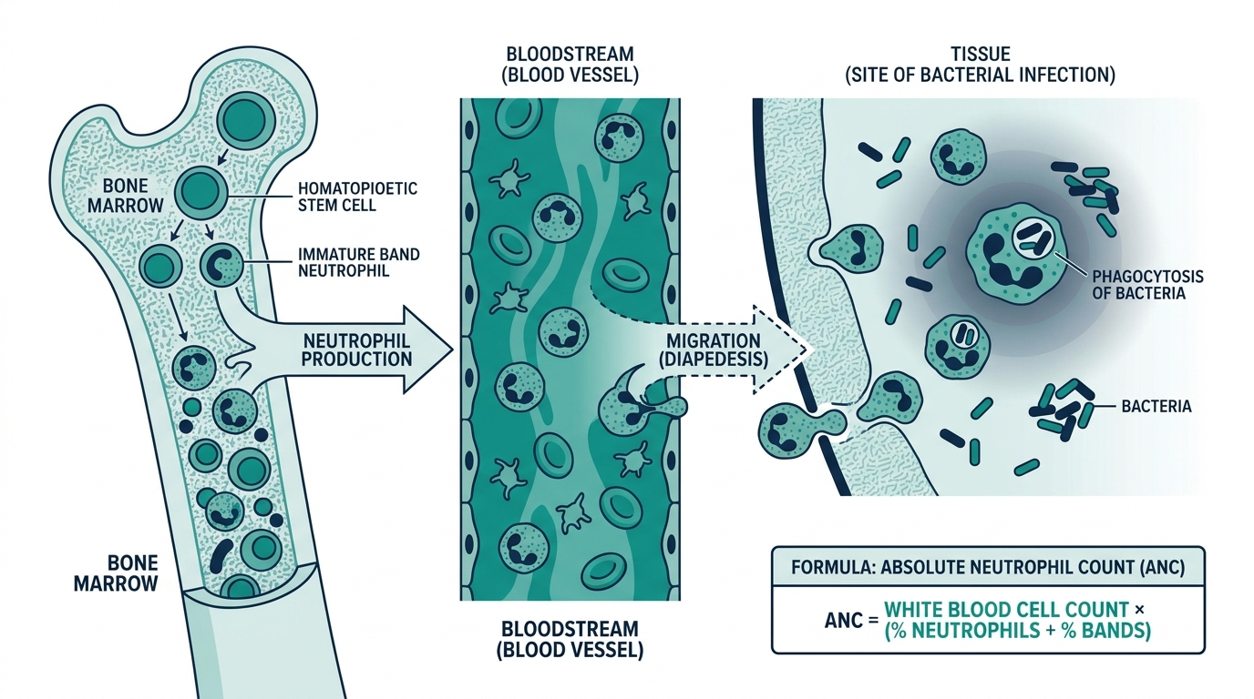 Diagram of bone marrow producing neutrophils that migrate to a site of infection, with the ANC calculation formula