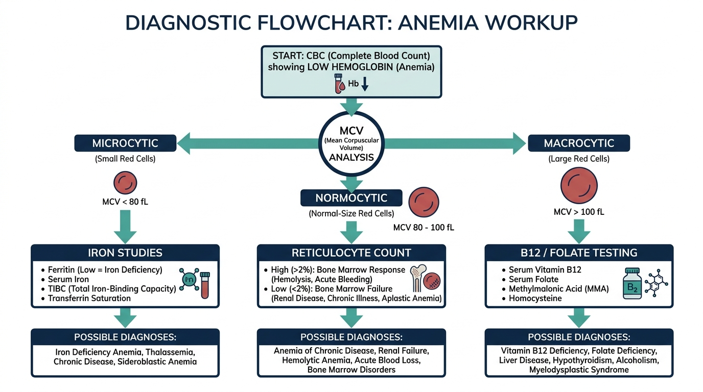 Flowchart of anemia workup starting from low hemoglobin, branching by red cell size into microcytic, normocytic, and macrocytic paths with corresponding follow-up tests