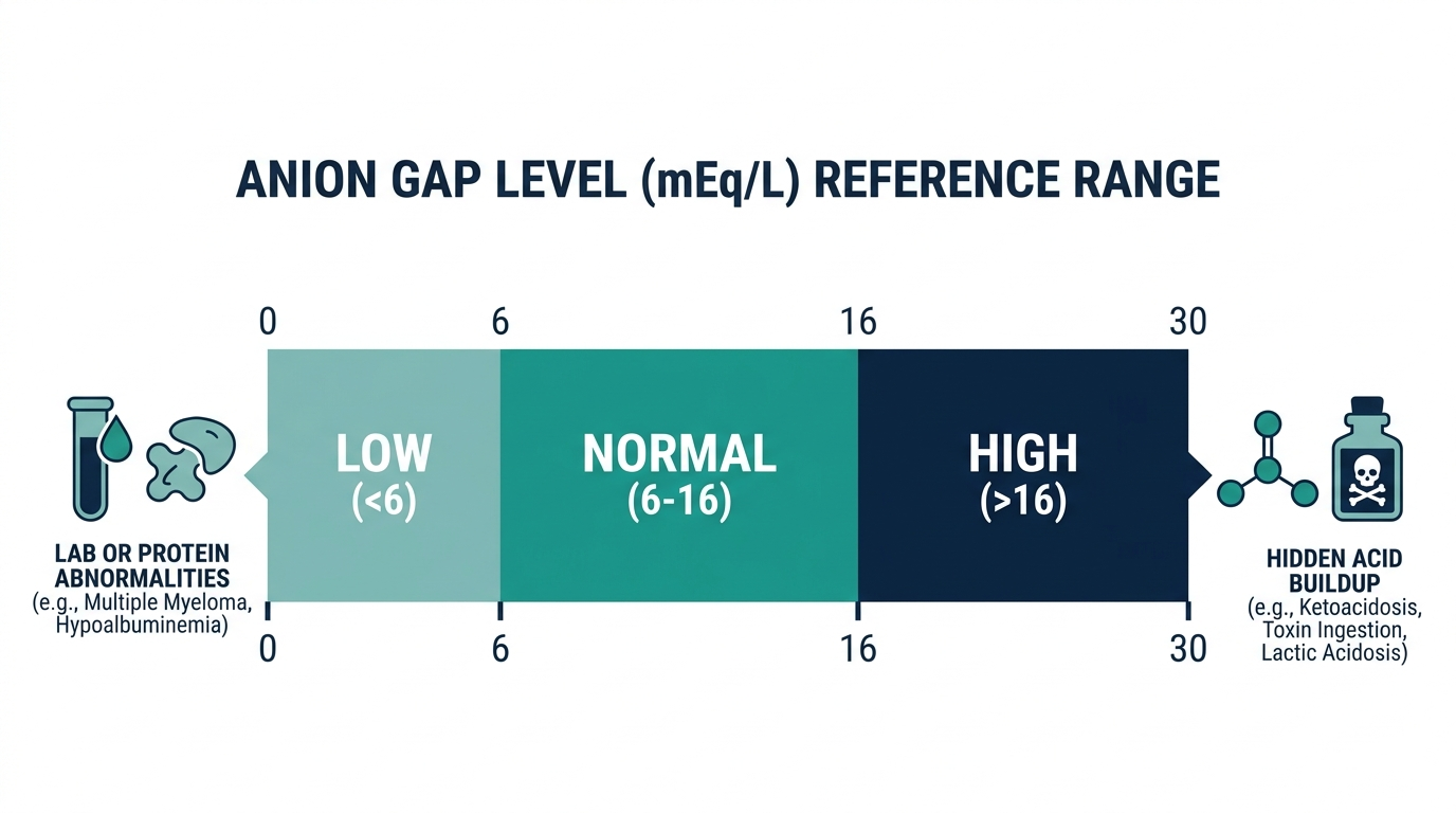 Reference range chart showing low, normal, and high anion gap levels
