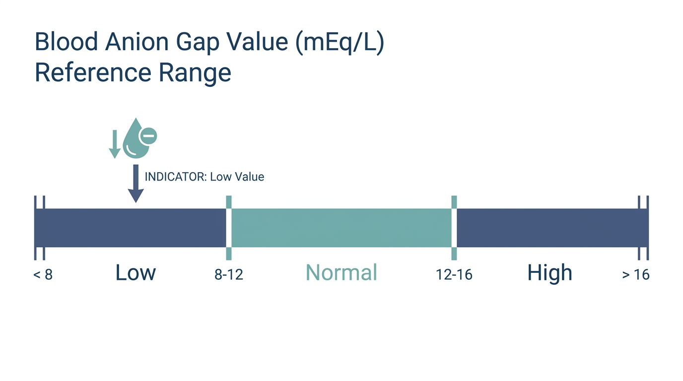 Schematic reference-range chart for blood anion gap showing Low, Normal, and High bands