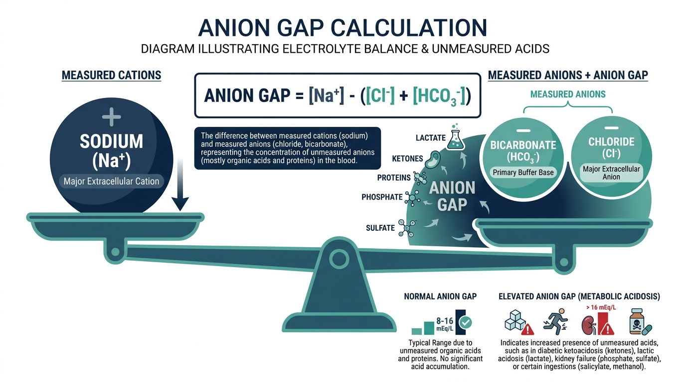 Diagram illustrating the anion gap calculation from sodium, chloride, and bicarbonate showing hidden unmeasured acids