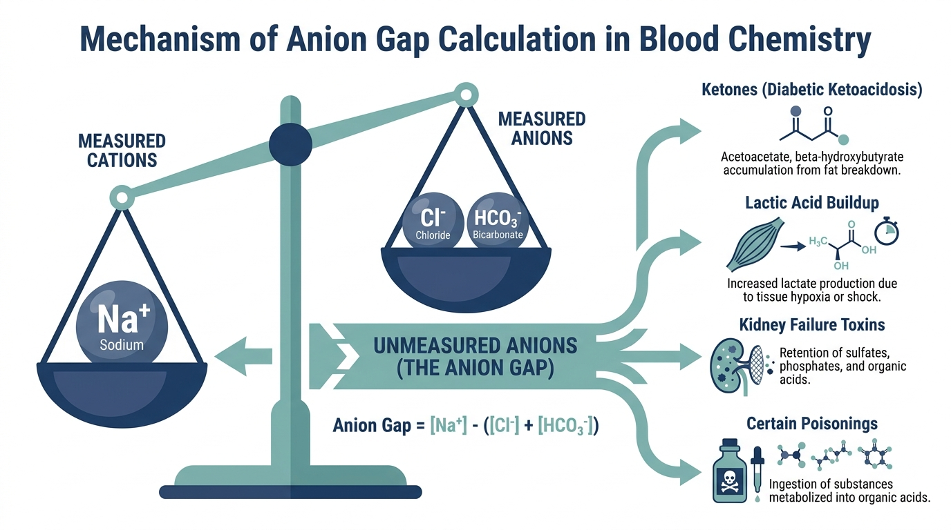Diagram of the anion gap calculation showing measured sodium, chloride, and bicarbonate, with unmeasured acids like ketones and lactate widening the gap