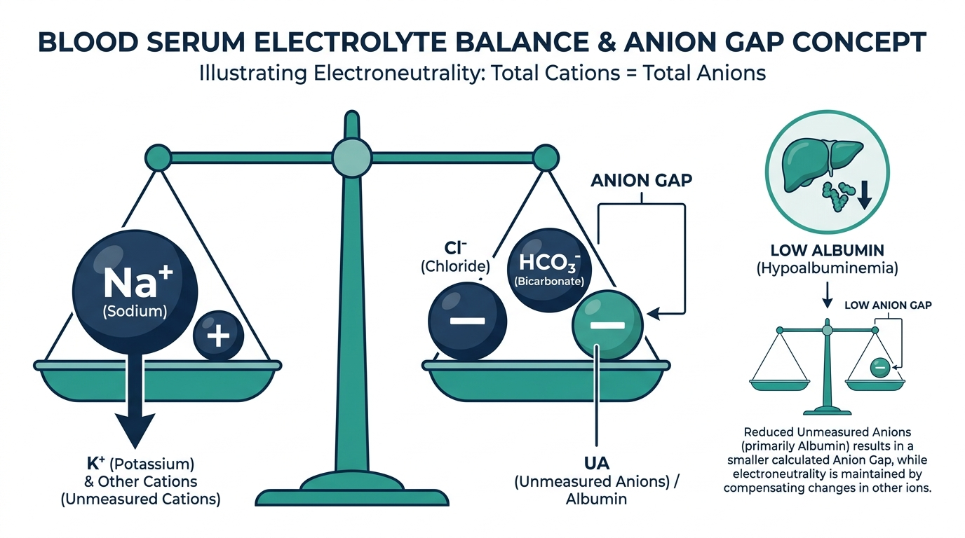 Diagram of blood serum electrolyte balance showing sodium, chloride, bicarbonate, and albumin illustrating the anion gap concept