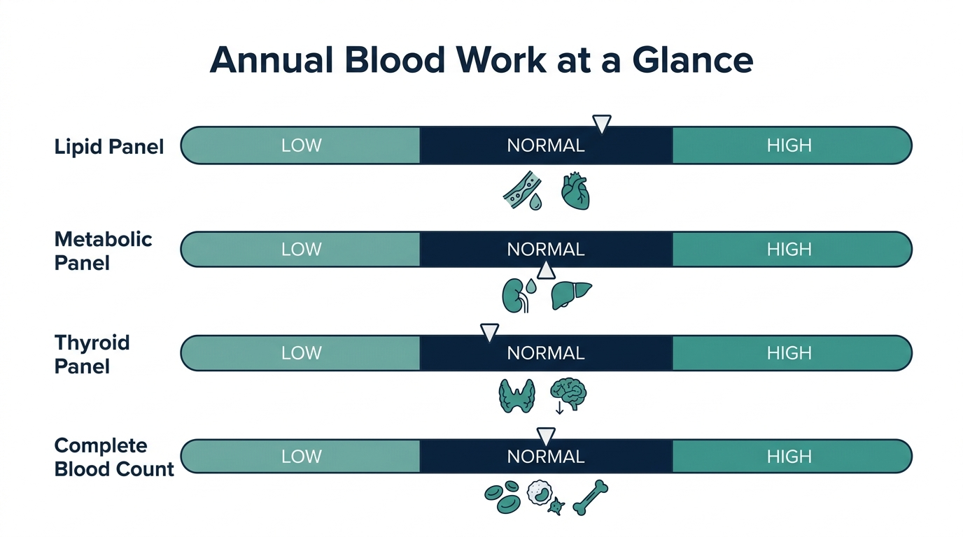 Reference-range chart showing low, normal, and high zones for lipid, metabolic, thyroid, and complete blood count panels