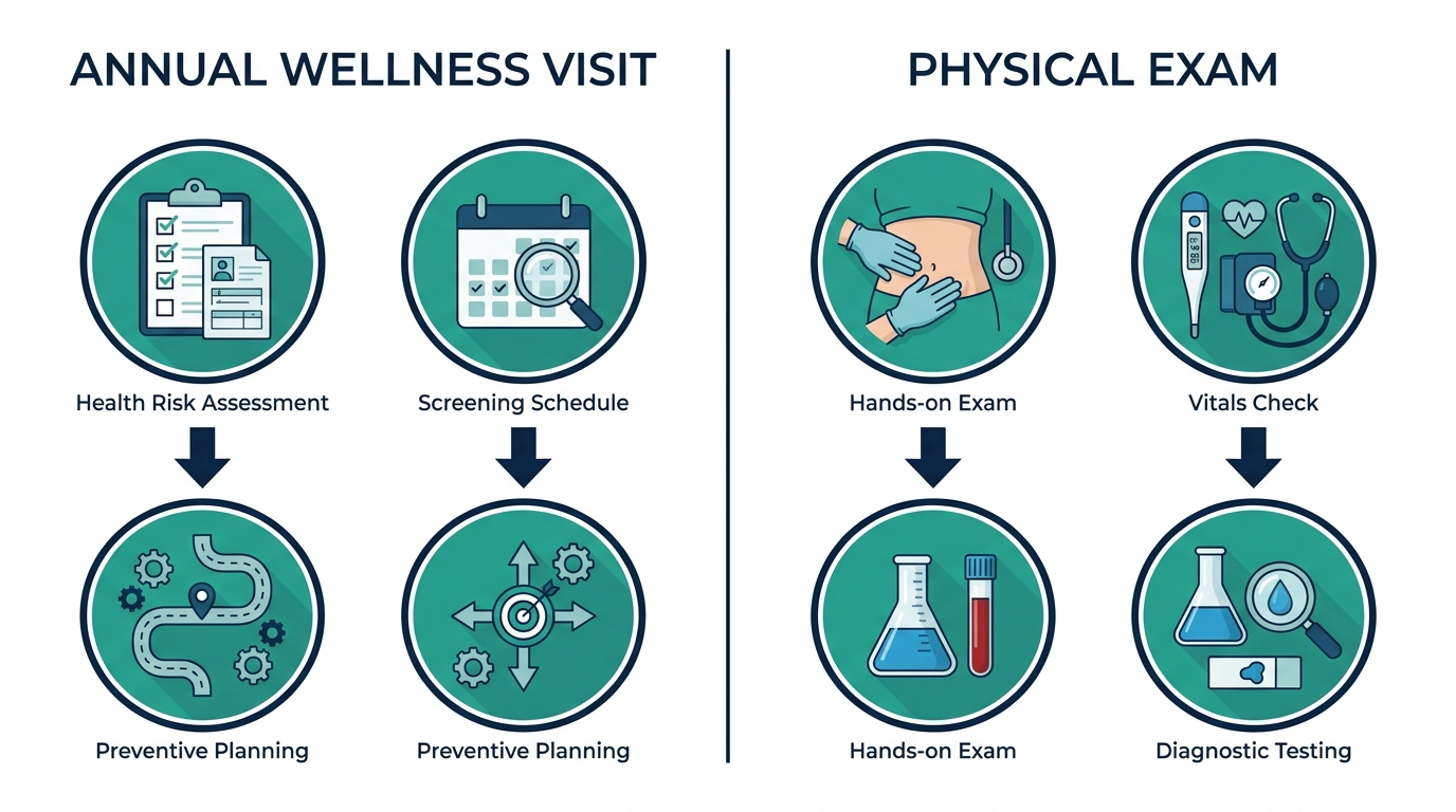 Two-column chart comparing an Annual Wellness Visit and a Physical Exam by what each typically includes