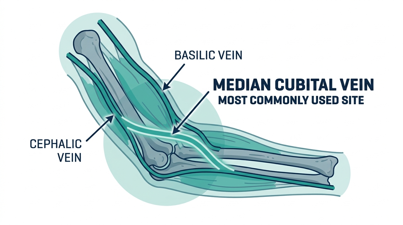 Anatomical diagram of the inner elbow showing the cephalic, median cubital, and basilic veins used for blood draws