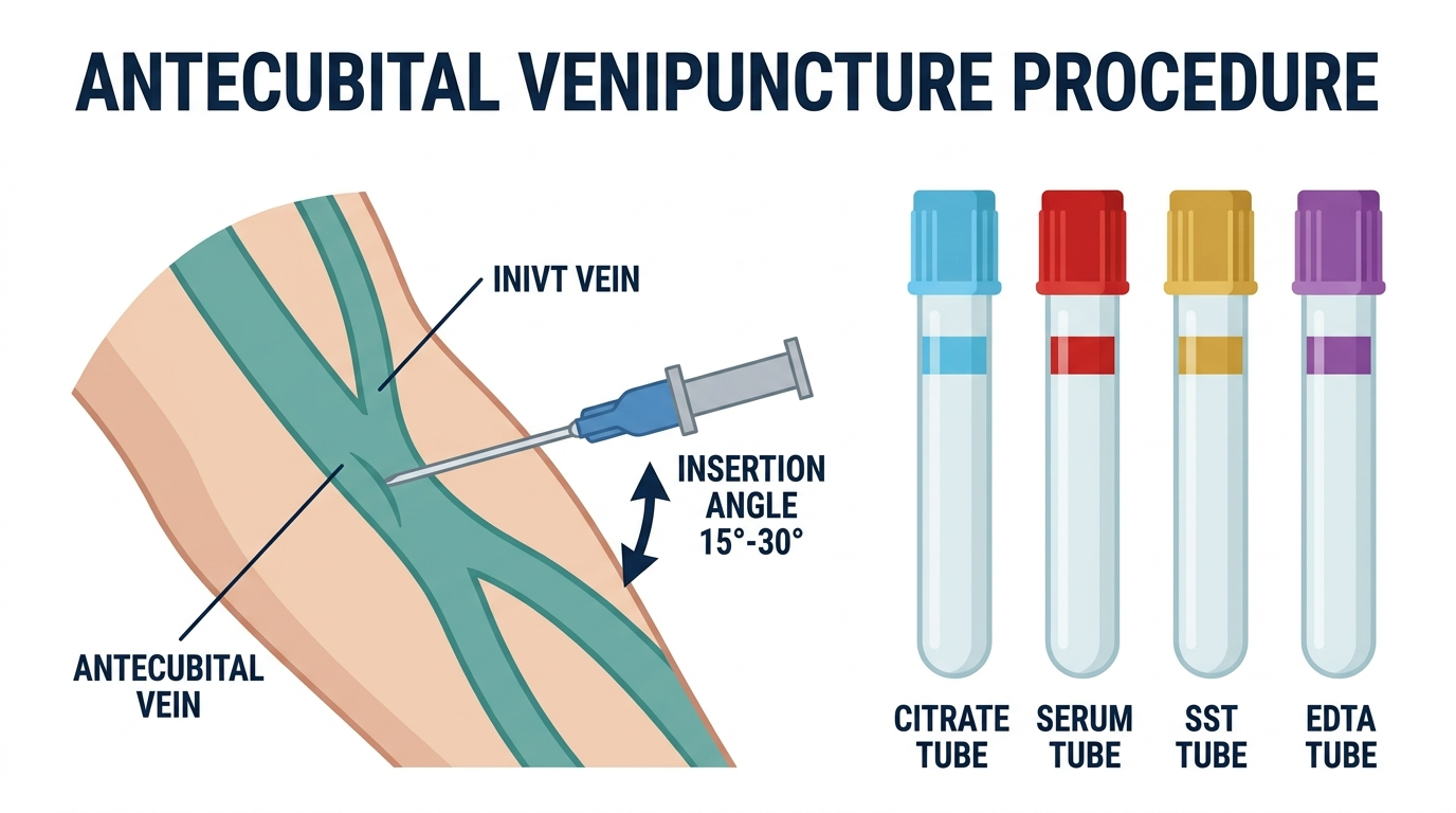Anatomical diagram of the antecubital vein at the inner elbow used for blood draws with labeled collection tubes